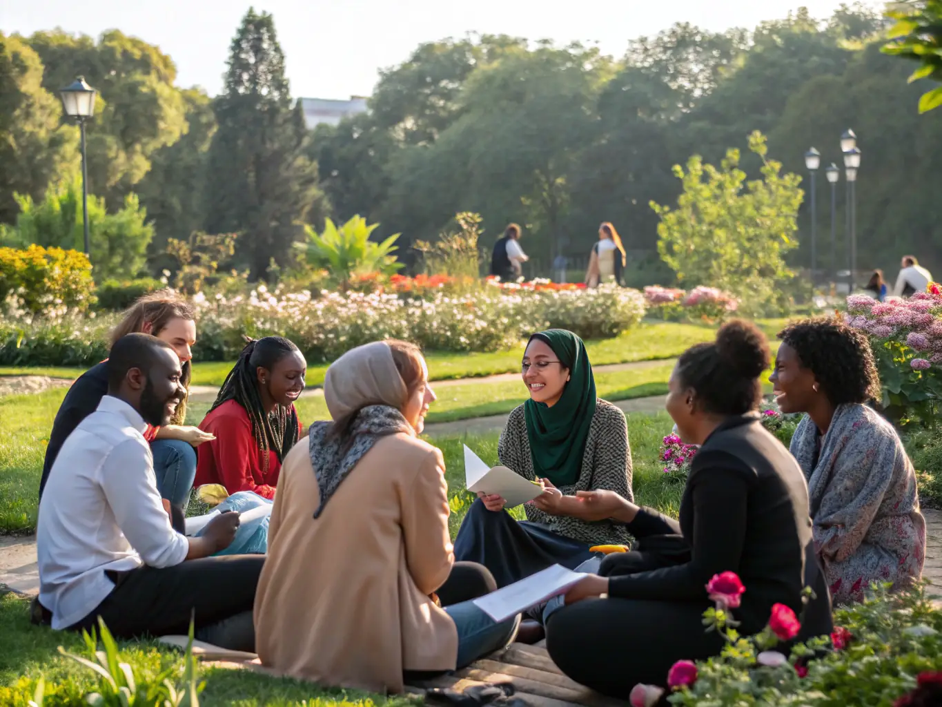 A photograph depicting a community gathering in a newly renovated public space, illustrating our commitment to improving community life and fostering social connections.