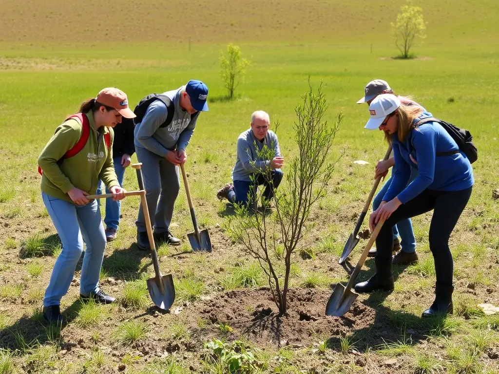 A photograph capturing a group of volunteers planting trees in a rural area, symbolizing our commitment to enhancing rural territories and promoting environmental sustainability.