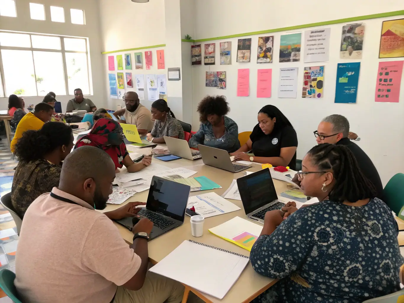 A dynamic image of a workshop in progress, with participants actively engaged in learning new skills and collaborating on projects, representing innovation and economic development.