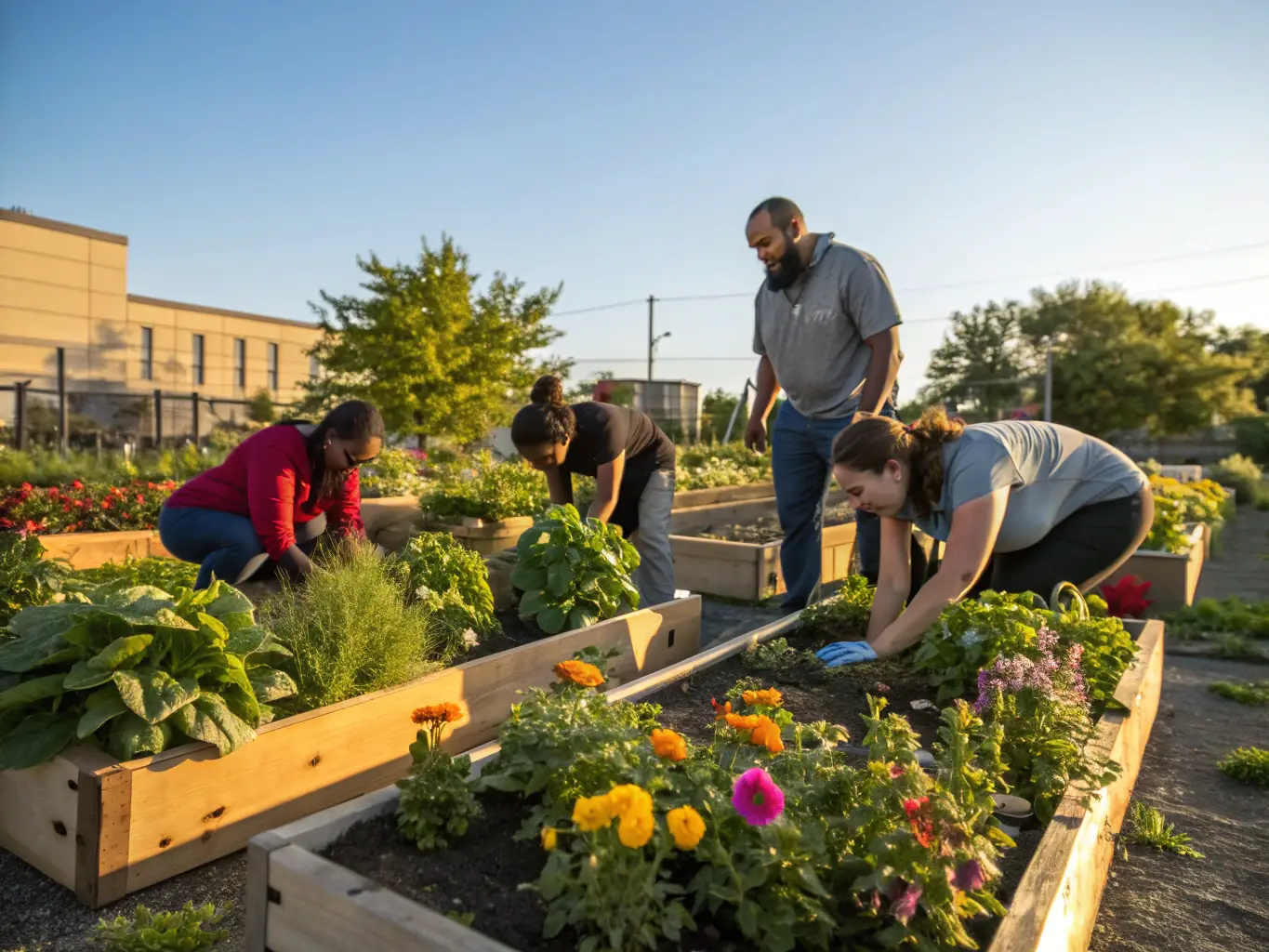 A vibrant image showcasing a community garden project, with volunteers of all ages working together to plant vegetables and flowers, illustrating community engagement and sustainable living.